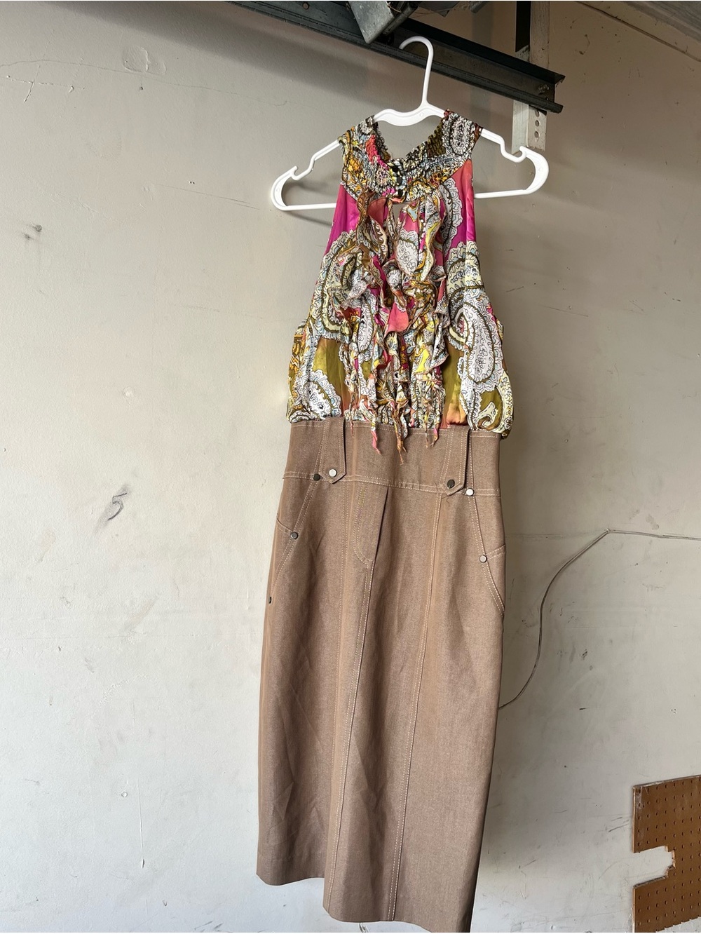Vtg Cache couture Y2K Midi halter Dress with Paisley Pink & yellow, brown bottom